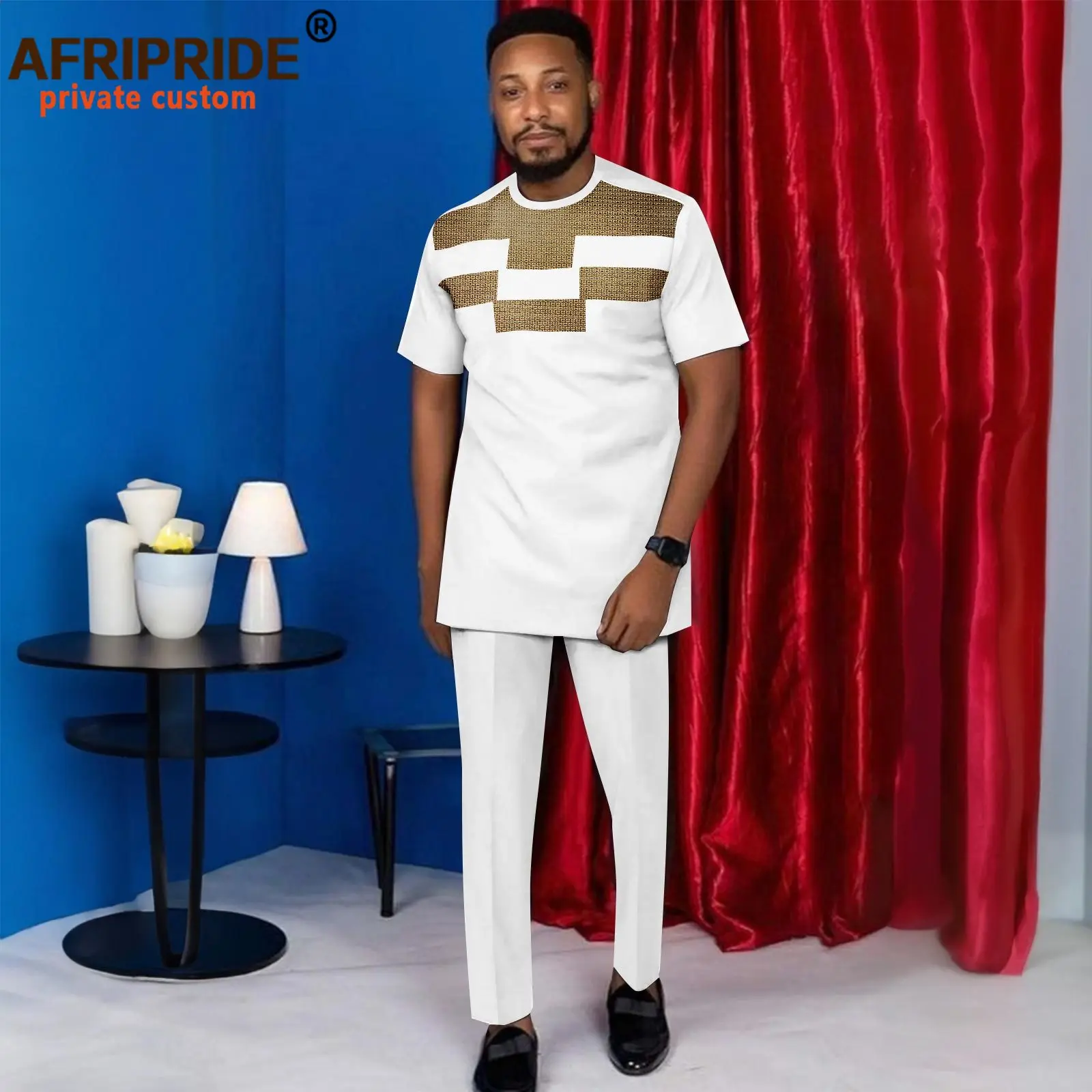 African Suits for Men Embroidery Short Sleeve Shirt and Ankara Pants Set Dashiki Outfits Plus Size Casual Clothes 2416018