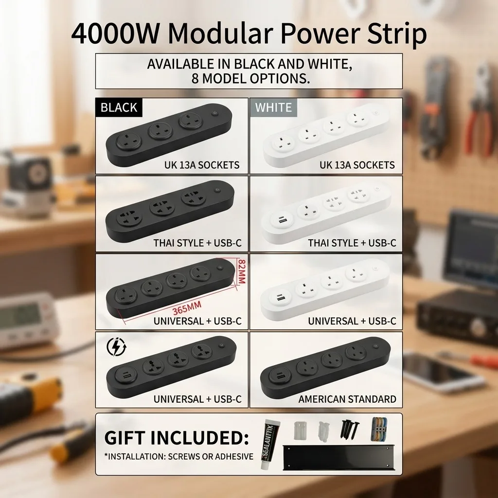 4000wモジュール式電源タップトラック、ユニバーサルeu-us-uk-thプラグソケットコンセント、usb-c急速充電対応、垂直壁掛け電源トラック