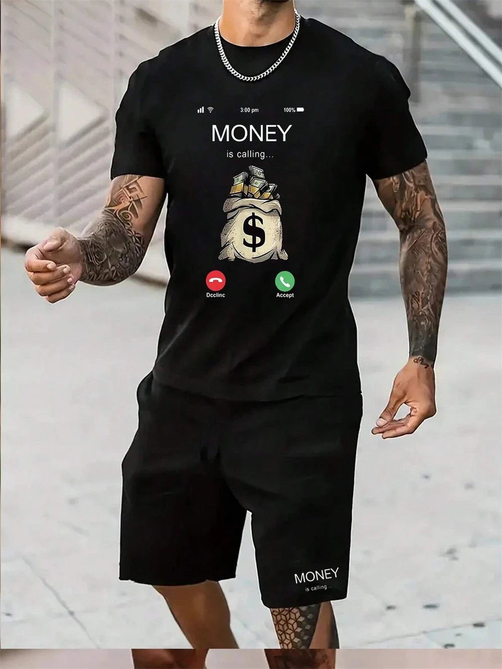 Men's Summer Two-piece Personalized Money Call Printed T- Shirt Casual Outdoor Sports Short Sleeve Shorts Men's Clothing