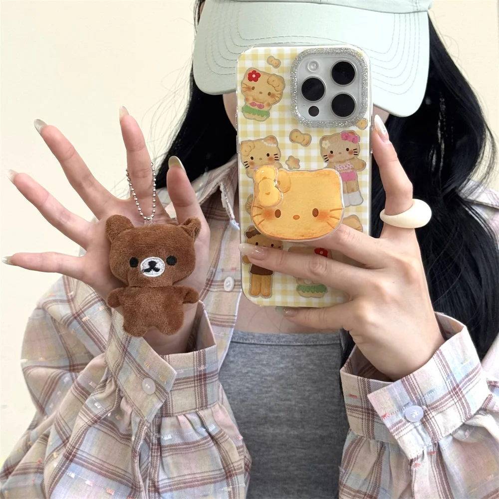 

Luxury glitter fashion plaid cute cookie Hello kitty rotare stand phone case for iPhone 13 16 15 14 Pro Max cover protective cov