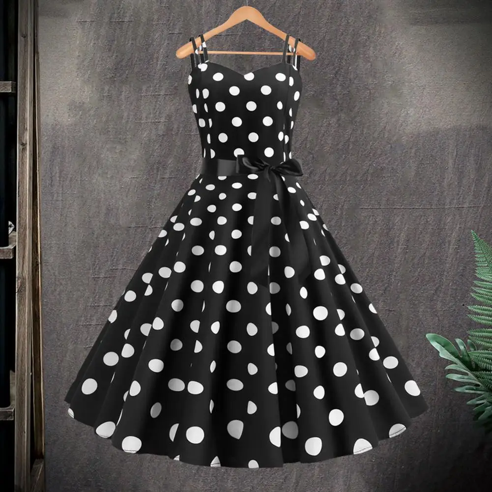 Women Dress Retro Polka Dot Dress A-line Tight High Waist Bow Decor Sleeveless V Neck Party Wedding Prom Ball Summer Midi Dress