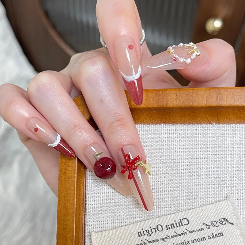 Christmas Armor-Style High-End French Burgundy Cherry Bow Nail Stickers, Versatile and Whitening, Removable Nails