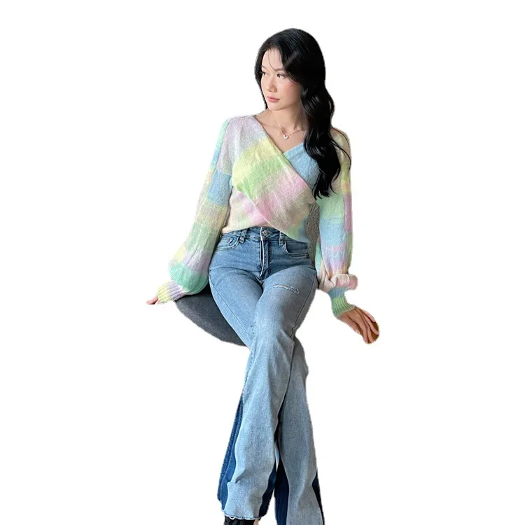 

2022 Rainbow wool sweater Women's Top Cross Panel Signature Knit Sweater