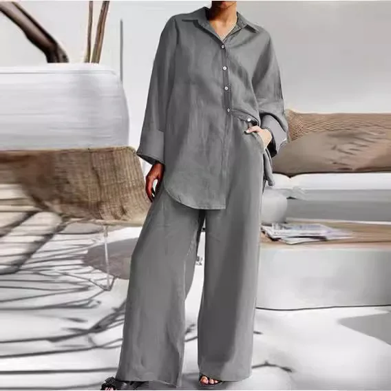 

Spring/Summer 2025 New Collection: Elegant and Simple Lapel Button Irregular Hem Shirt Elastic Waist Pocket Long Pants Set