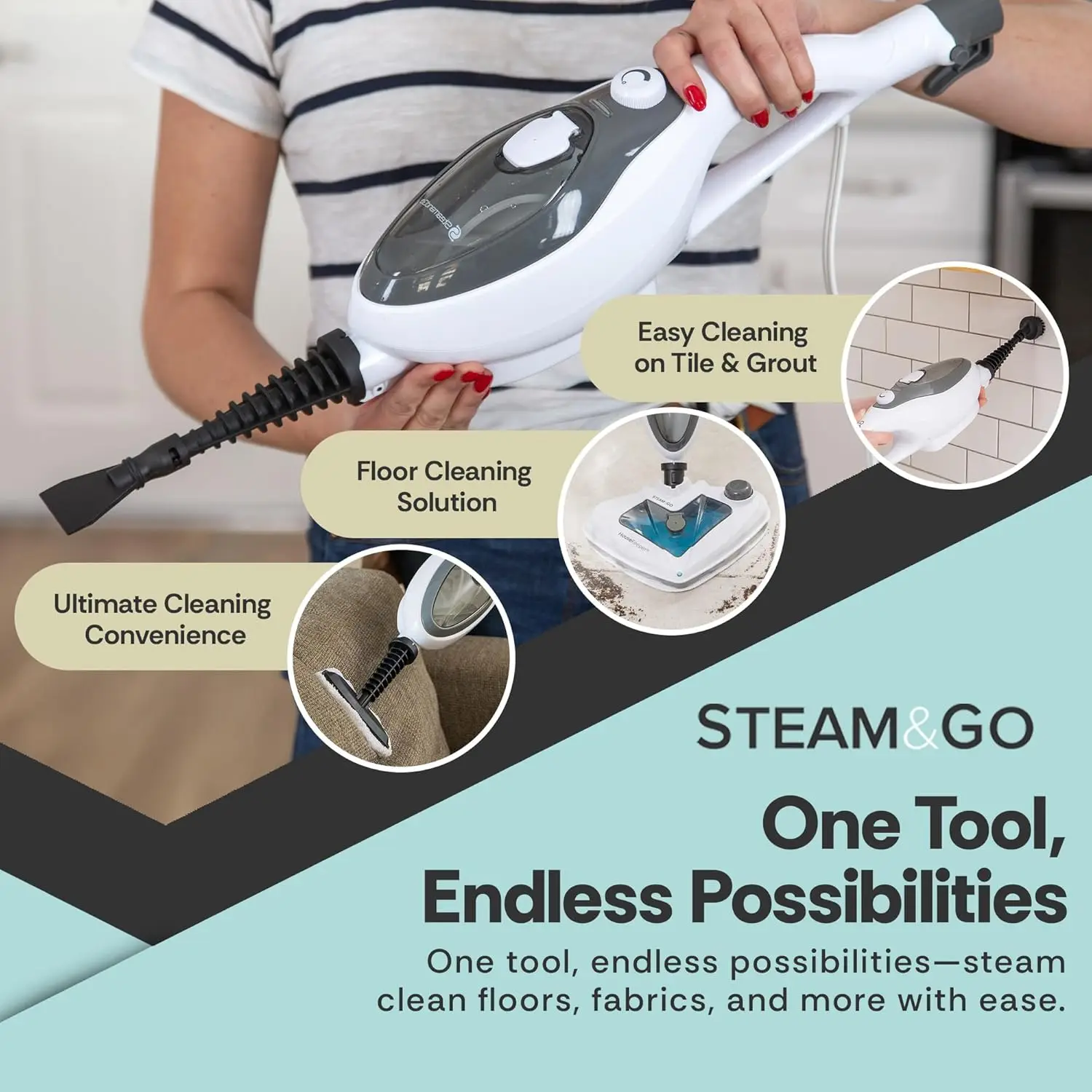 Steam and Go 10-in-1 Steam Mop - Floor Steamer with Detergent Chamber and Detachable Handle for Tile Grout, Clothes, Furniture,