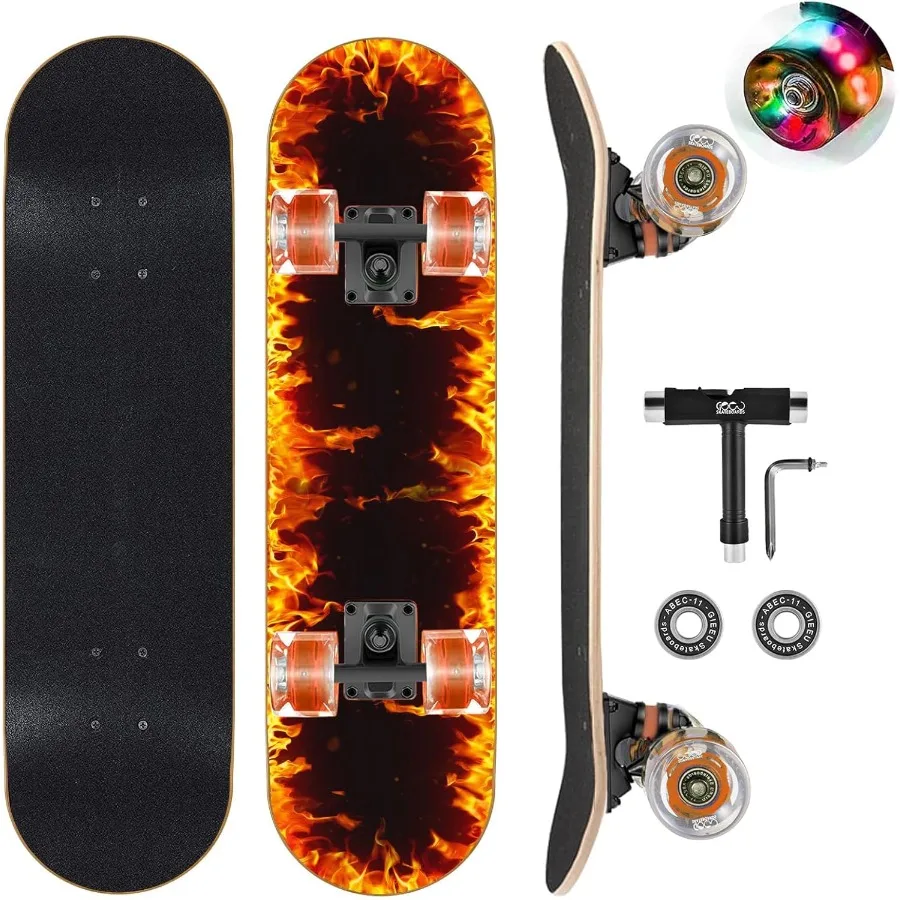 

Skateboards with Colorful Flashing Wheels for Beginners Teens Adults Complete Standard Skate Boards 9 Layer Canadian Maple Deck