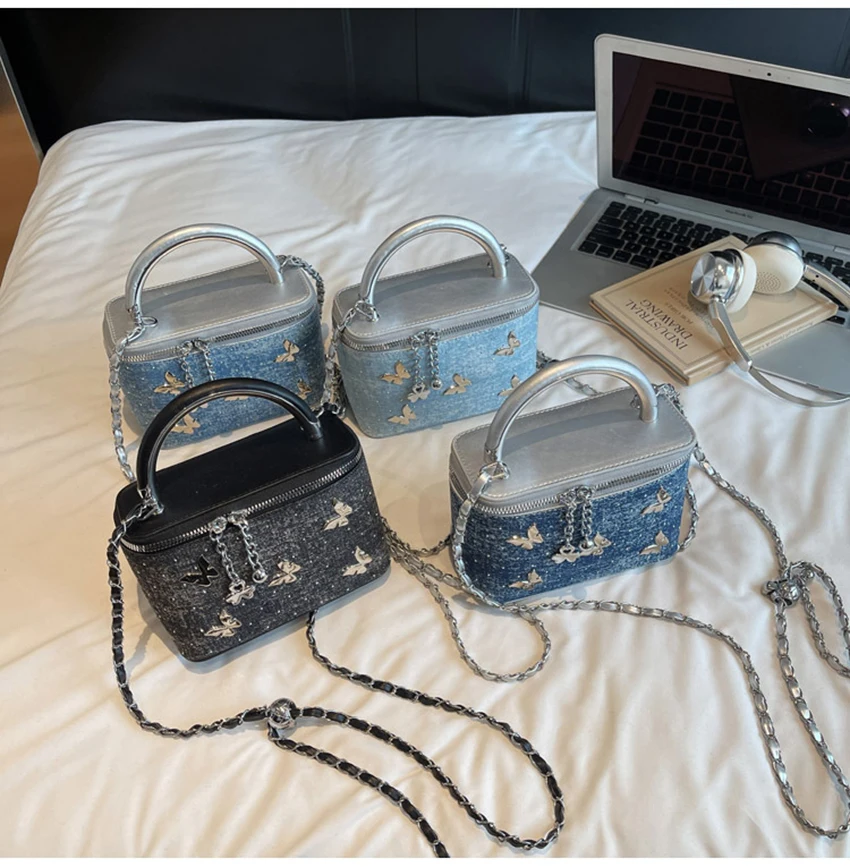 

Rhinestone Denim Box Bag Bow Appliques Shiny Women Handbag American Casual Fashion Female Chain Zipper Cross body Bags