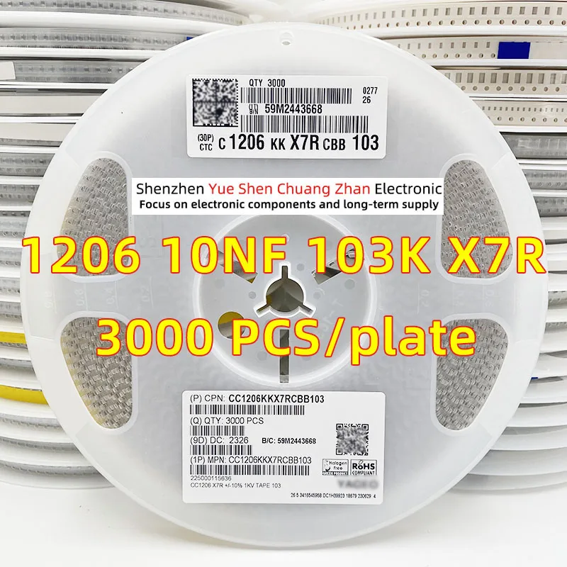 純正コンデンサx7r,1206, 103k,10nf,1000v 1kv,エラー10%,ディスク全体の材料,3000個