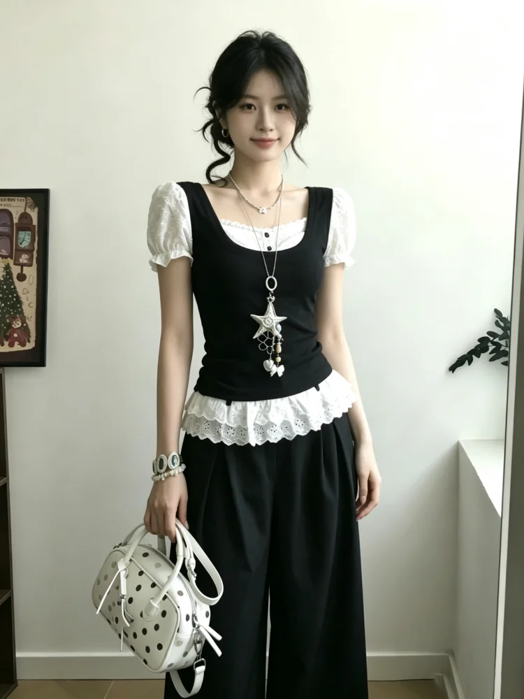 Retro Bubble Sleeve Top And Wide Leg Pants Set Women's Summer Design Sensation Two Piece Set Lazy Style Fashionable Ensemble