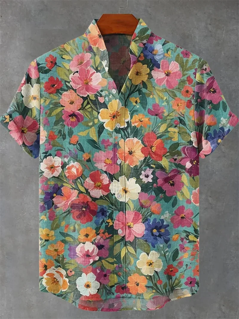 

Summer New Short-sleeve Shirt Loose V-neck Floral Print Casual Daily Vacation Commute Breathable Comfortable Unisex Fashion Top