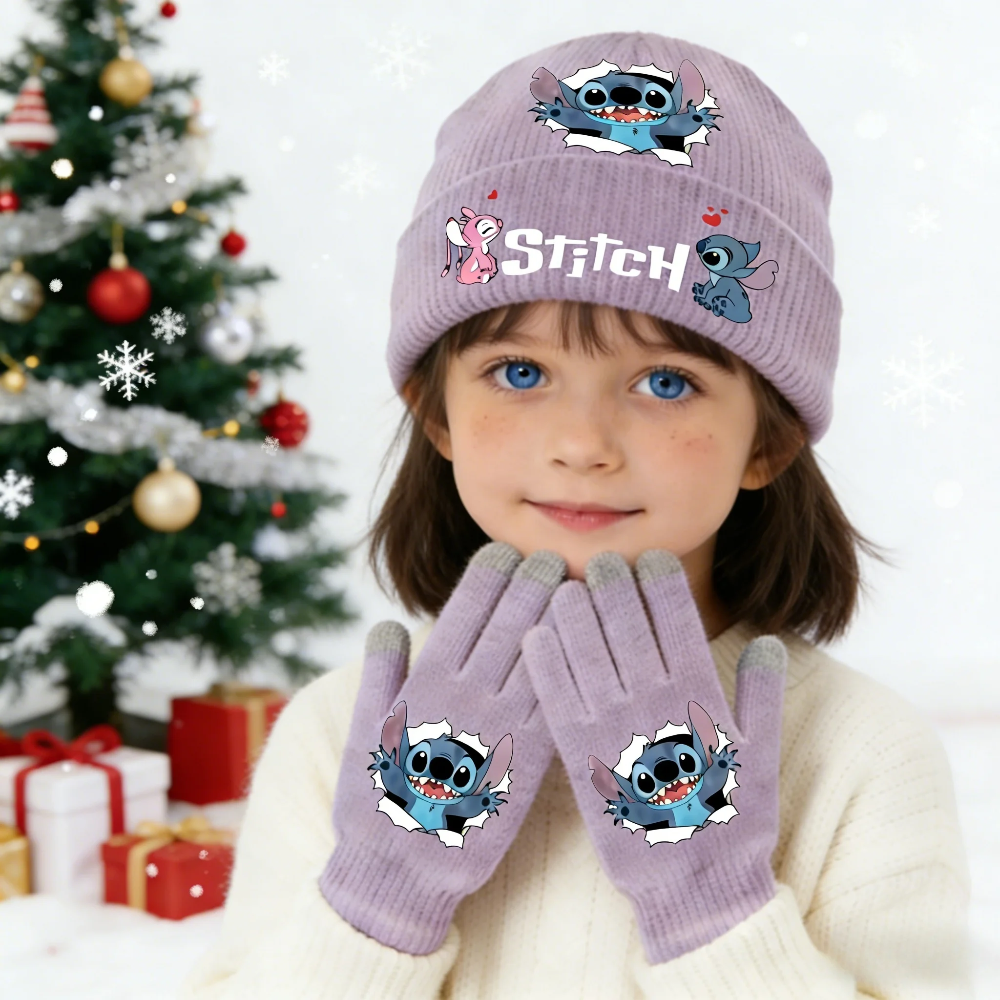 

2 Pcs Kawaii Disney Stitch Gloves Knitted Hat Suit for Girls Cute Printed Knit Hats Mittens Set Girls Winter Cozy Accessories