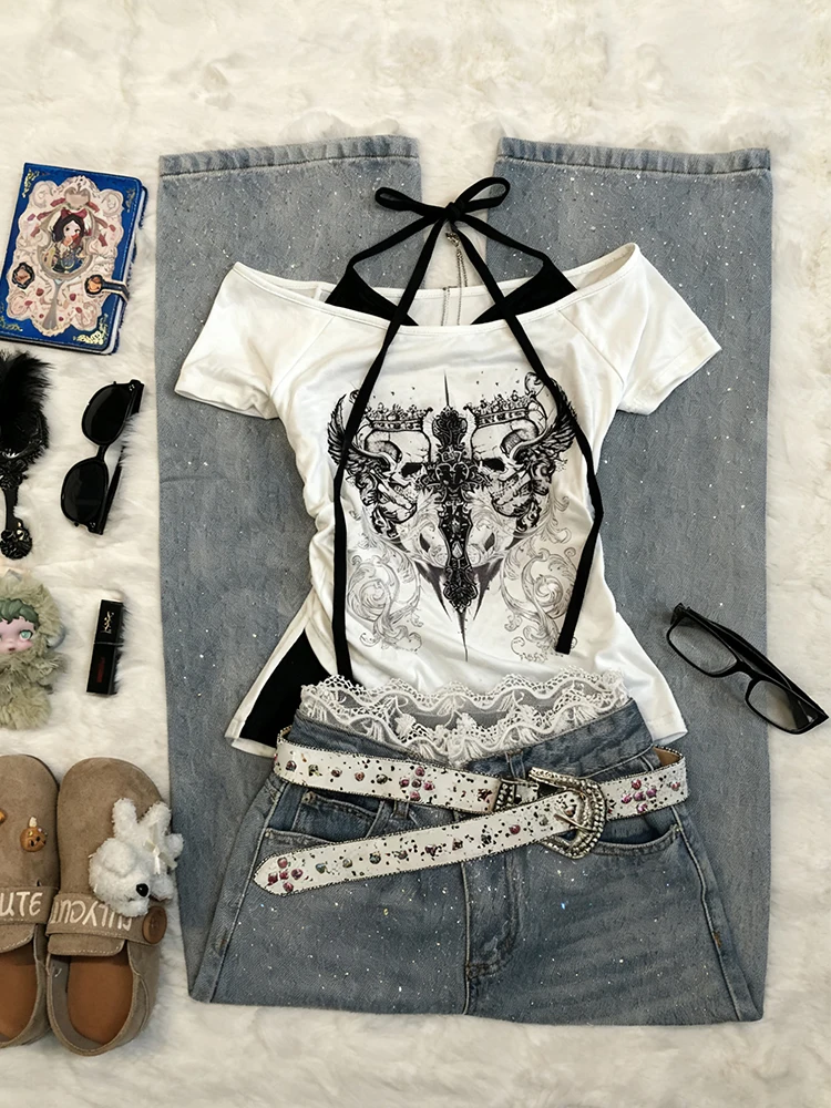 

BanzhiTao Original Y2K Retro Design White Printed Strap T-irt Women's Summer New Sle Slim Fit ort Sve Cotton Blend