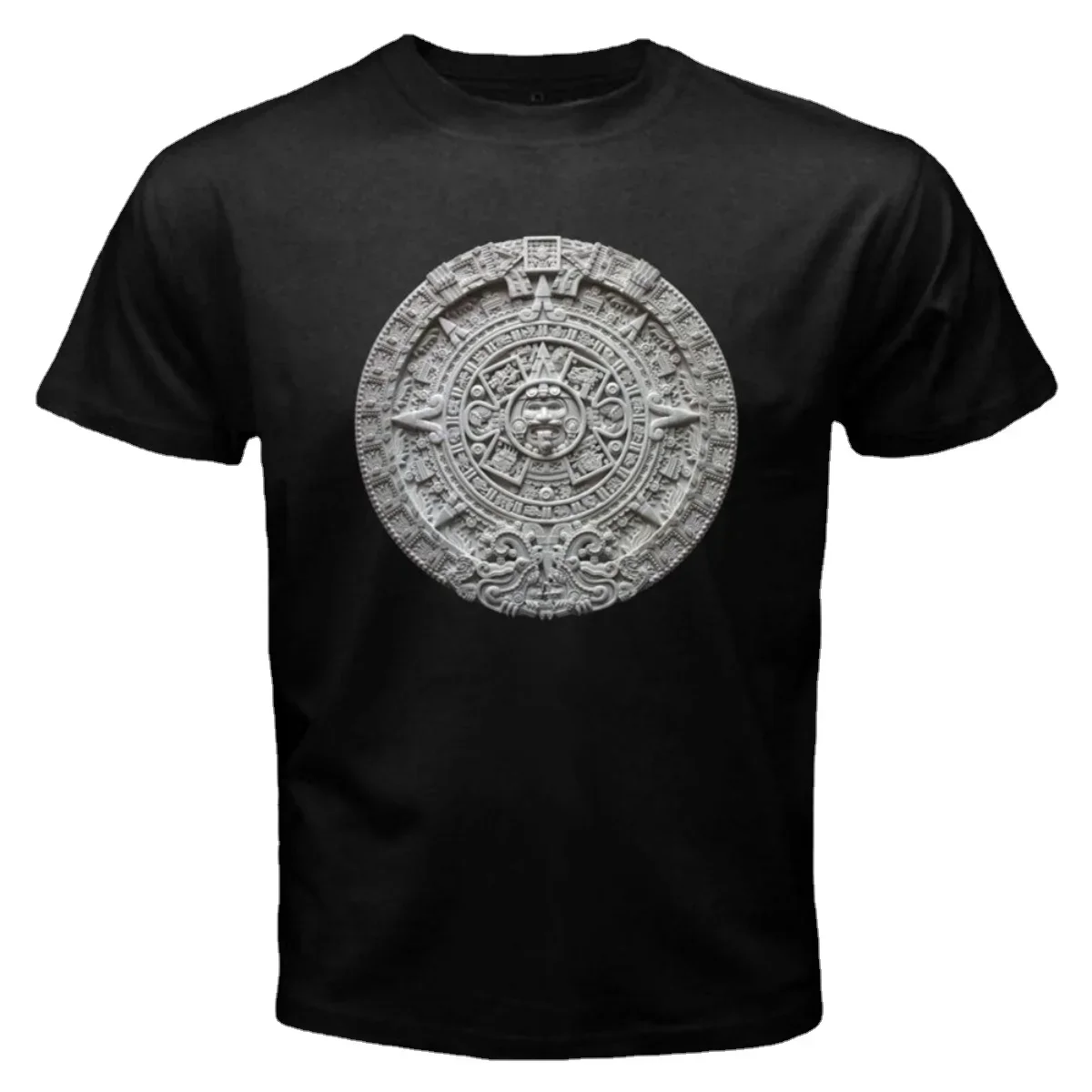 

Creative Mexican Maya Art Carving Aztec Calendar Sunstone T-Shirt. Summer Cotton Short Sleeve O-Neck Mens T Shirt New S-3XL
