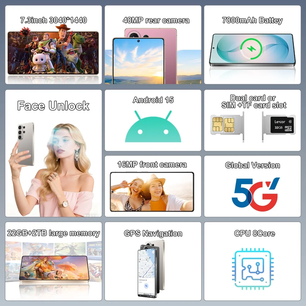 K-Touch Smartphone für S26 Ultra 7,3 Zoll Vollbild-Handy 7800mAh Akku Mobiltelefon 48MP Kamera 22GB+2TB Gesichtserkennung Entsperrt Android 15 Handys – Detail 5