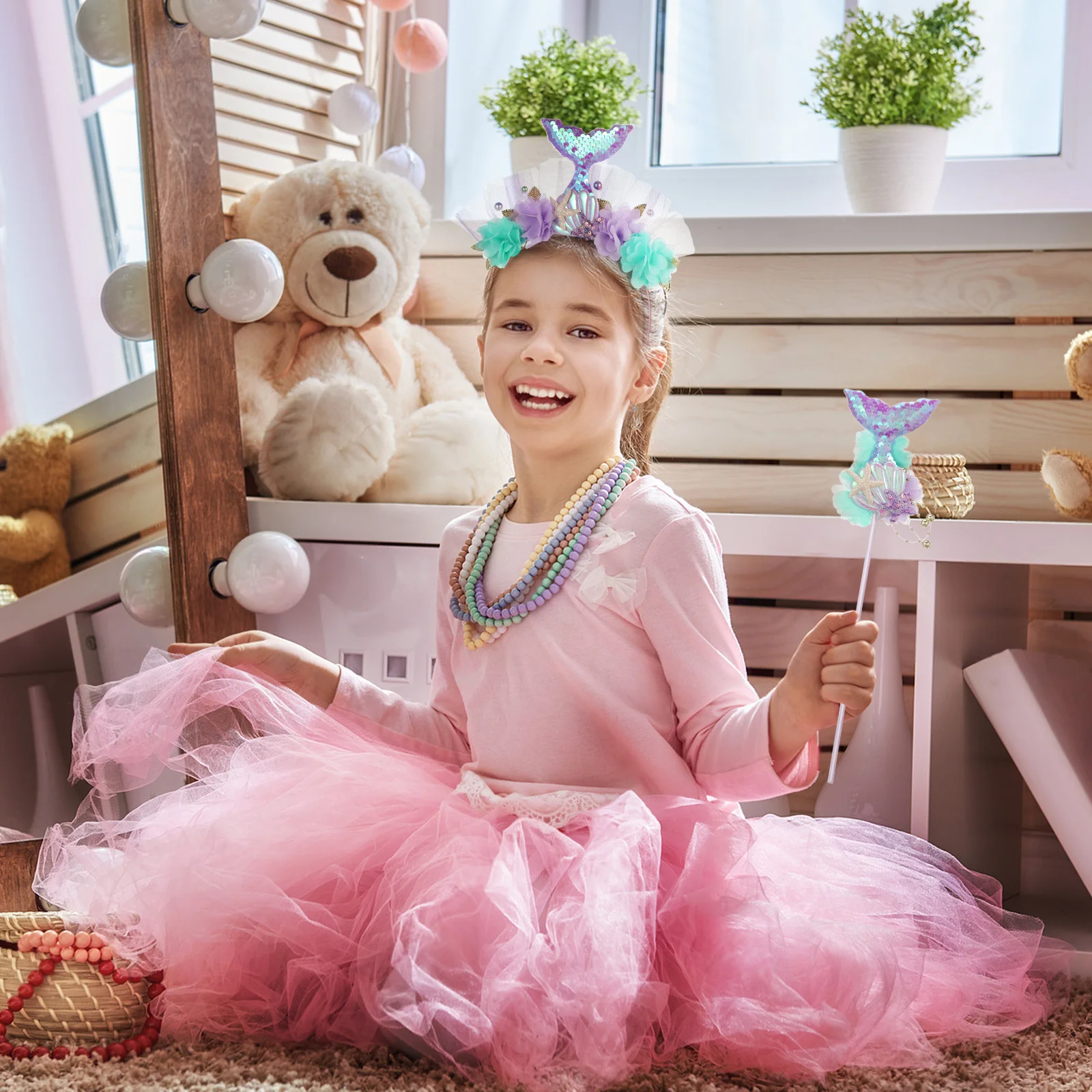 Totority – ensemble de costumes de Cosplay sirène pour enfants, avec bandeau et plastique, pour déguisement de fête pour filles