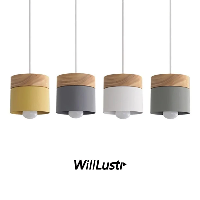 Iron Cylinder Wood Pendant Lamp Macaron Color Metal Suspension Light Hotel Cafe Bar Yellow Gray Green Hanging Ceiling Chandelier