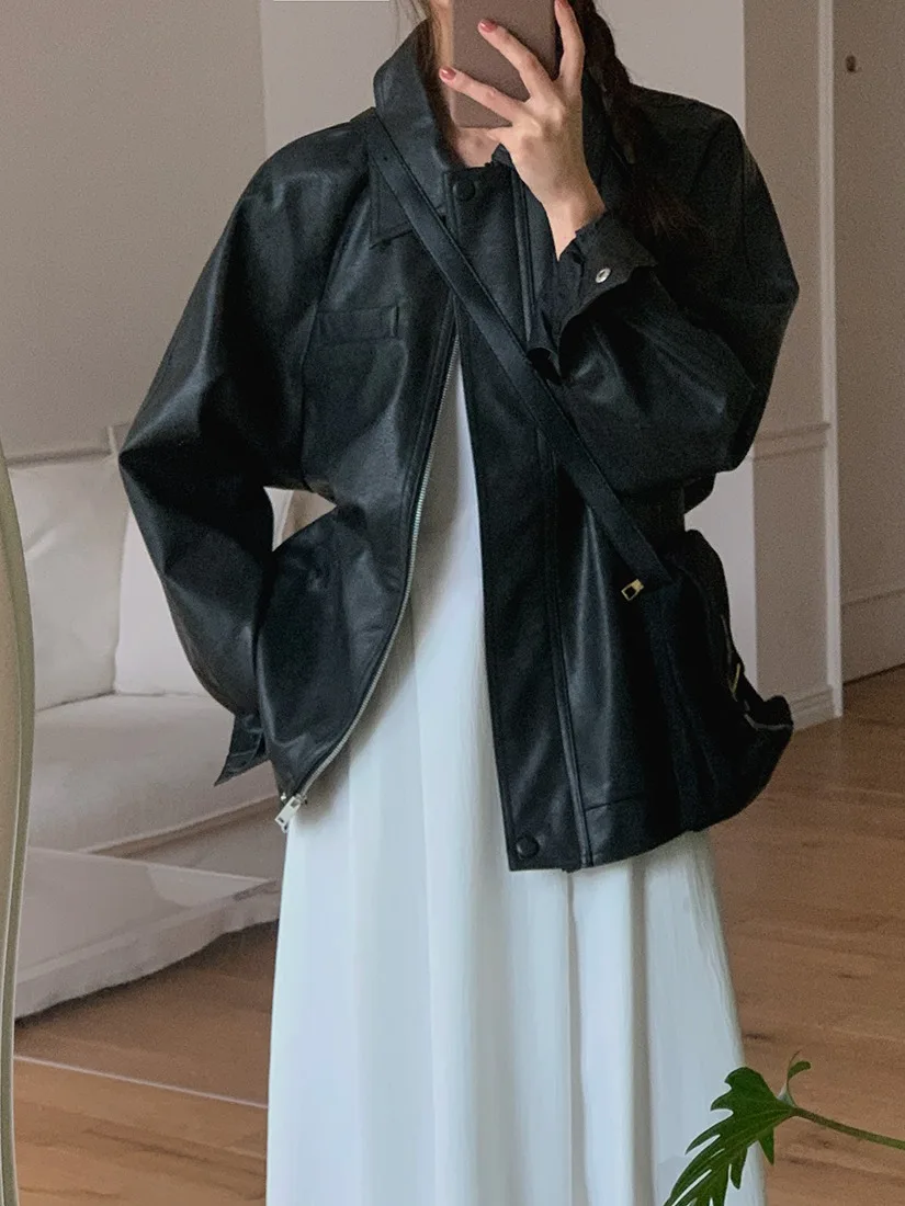 Sli PU Leather Jaet Women's Chic Retro Lapel Loose Versatile BF Sle Motorcycle Clothes Trendy Long Sve Commute