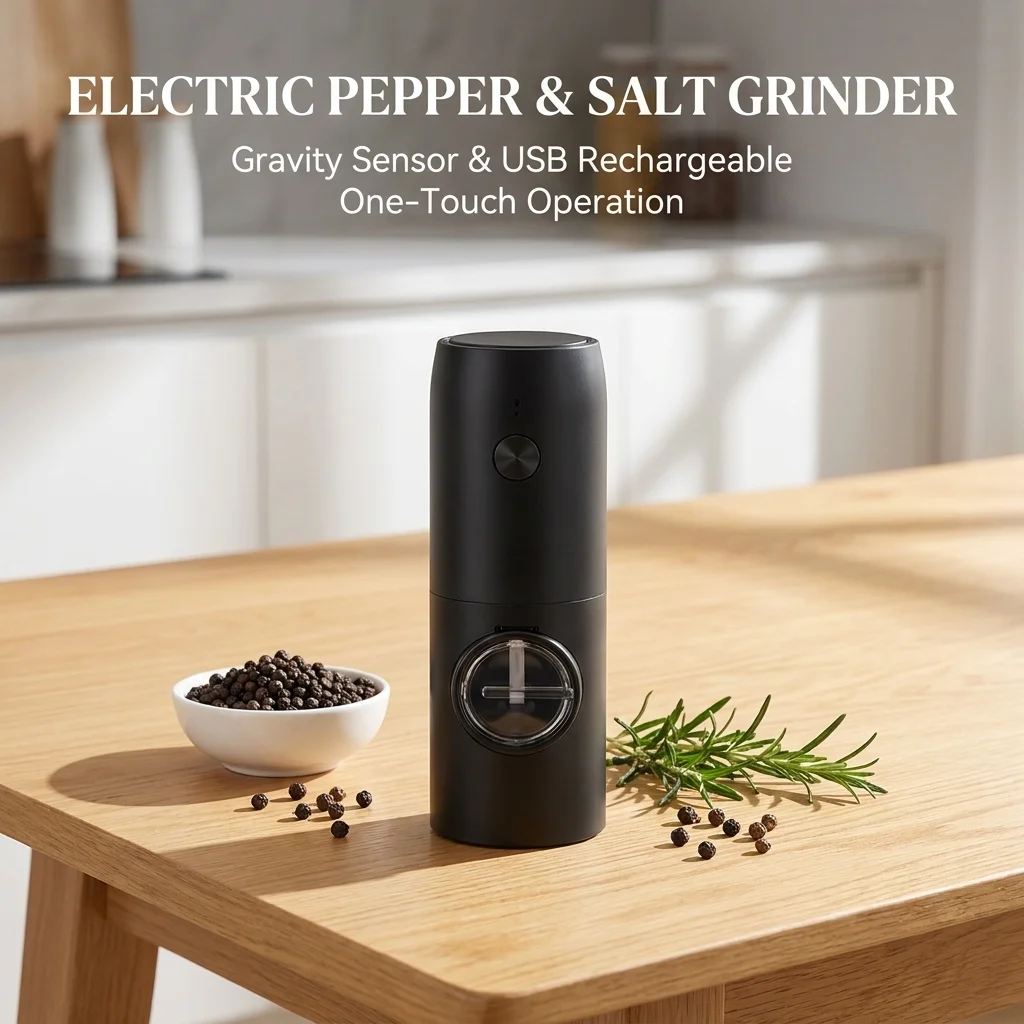 Image of Elektrische Pfeffer- und Salzmühle mit Schwerkraftsensor, USB-Aufladbar, Automatische Gewürzmühle mit LED-Licht, Einstellbare Mahlgradeinstellung