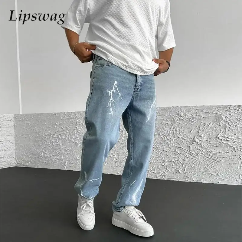

Streetwear Fashion Mens Denim Pants Casual Solid Color Slim Straight Jeans For Men Spring Summer Trendy Thunderbolt Print Jeans