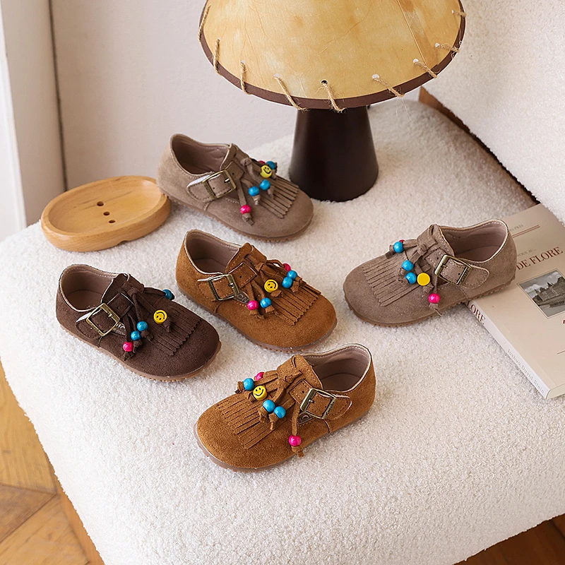 

2025 New Autumn Girl's Casual Shoes Tassels Round Toe Hook-loop Chic Kid's Flat Shoe Solid Colors Anti-slip Daily Children Shoe