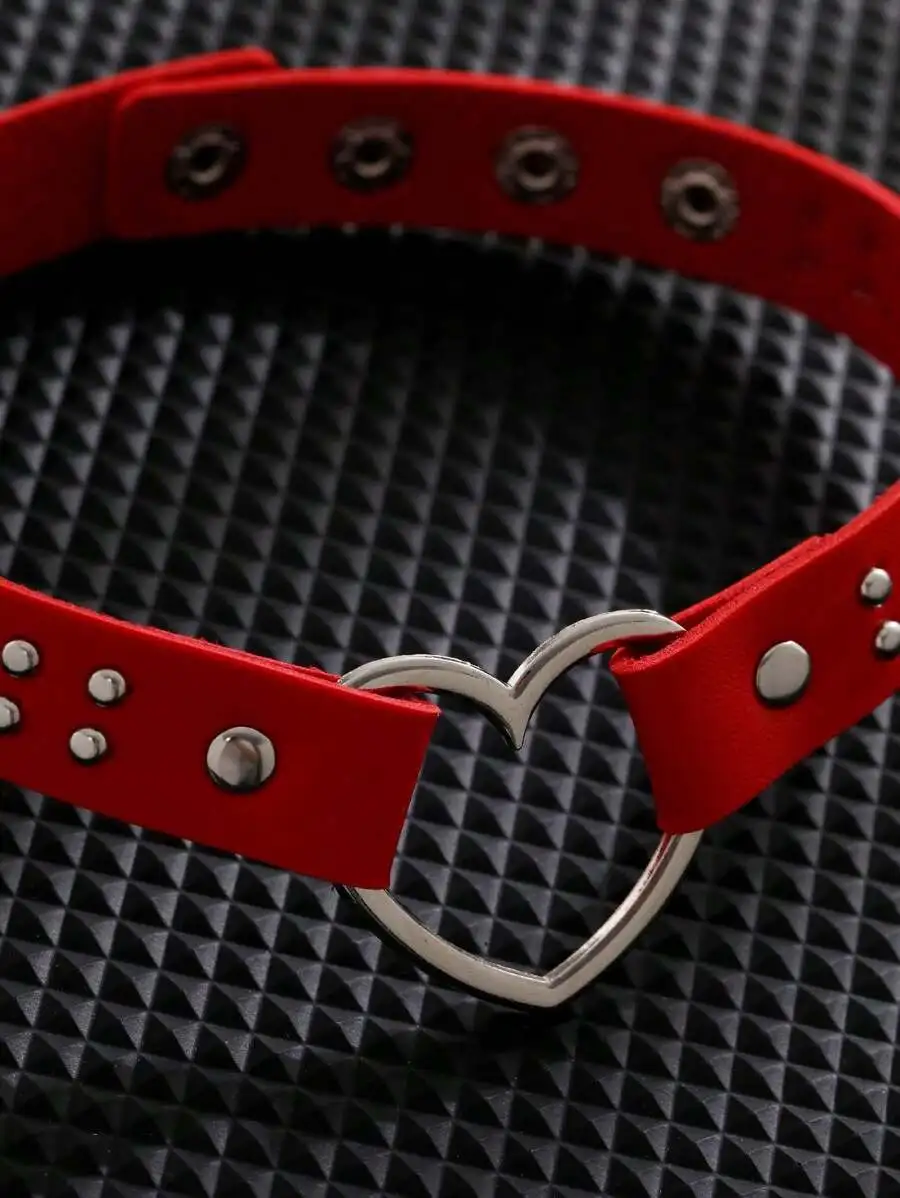 Damen-Gürtel im Punk-Stil, Halskette aus Kunstleder mit metallischem Herzanhänger und Schnalle, als Hip-Hop-Street-Accessoire für Damen. – Detail 4