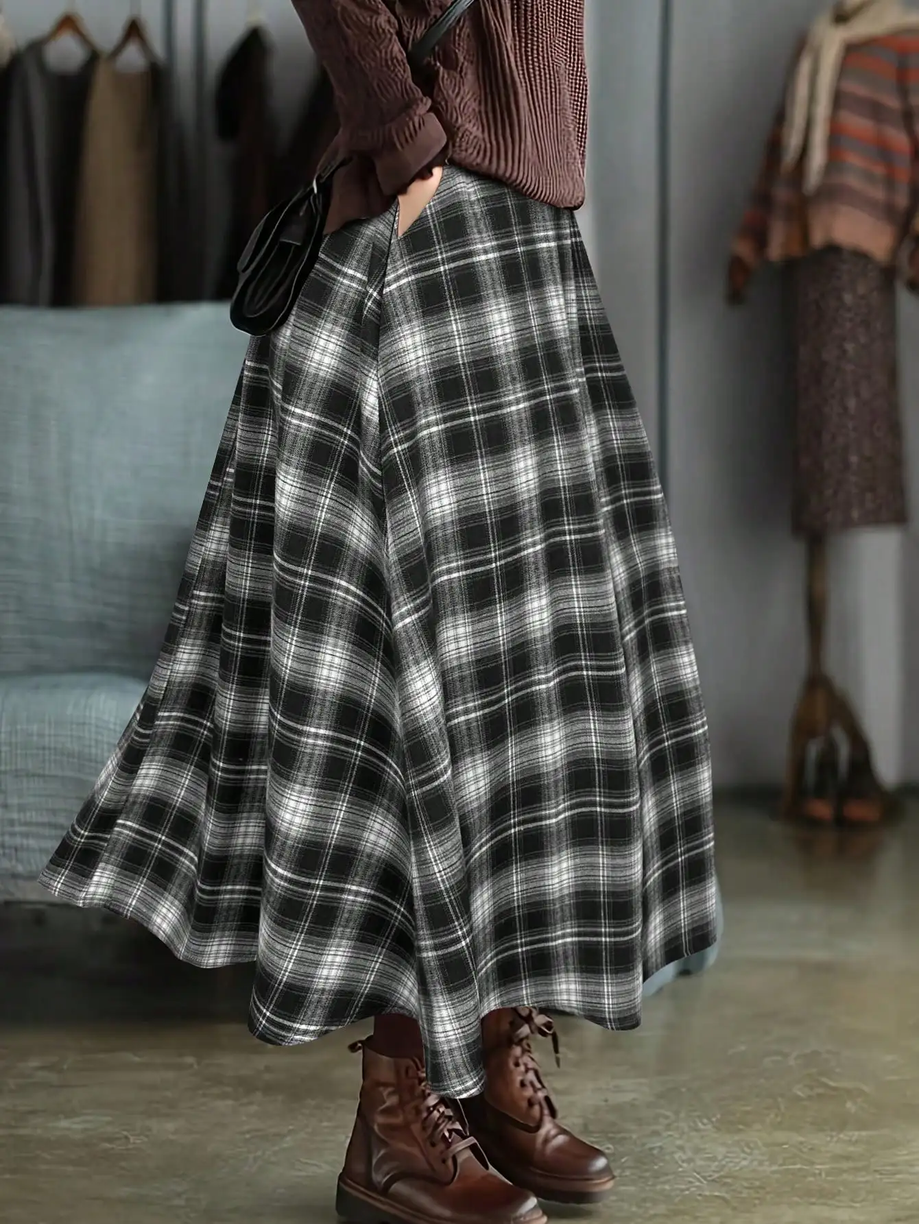 2026 Autumn New Fashion Women's Plaid Midi Skirt Elastic Waist A Line Vintage Casual Long Skirt