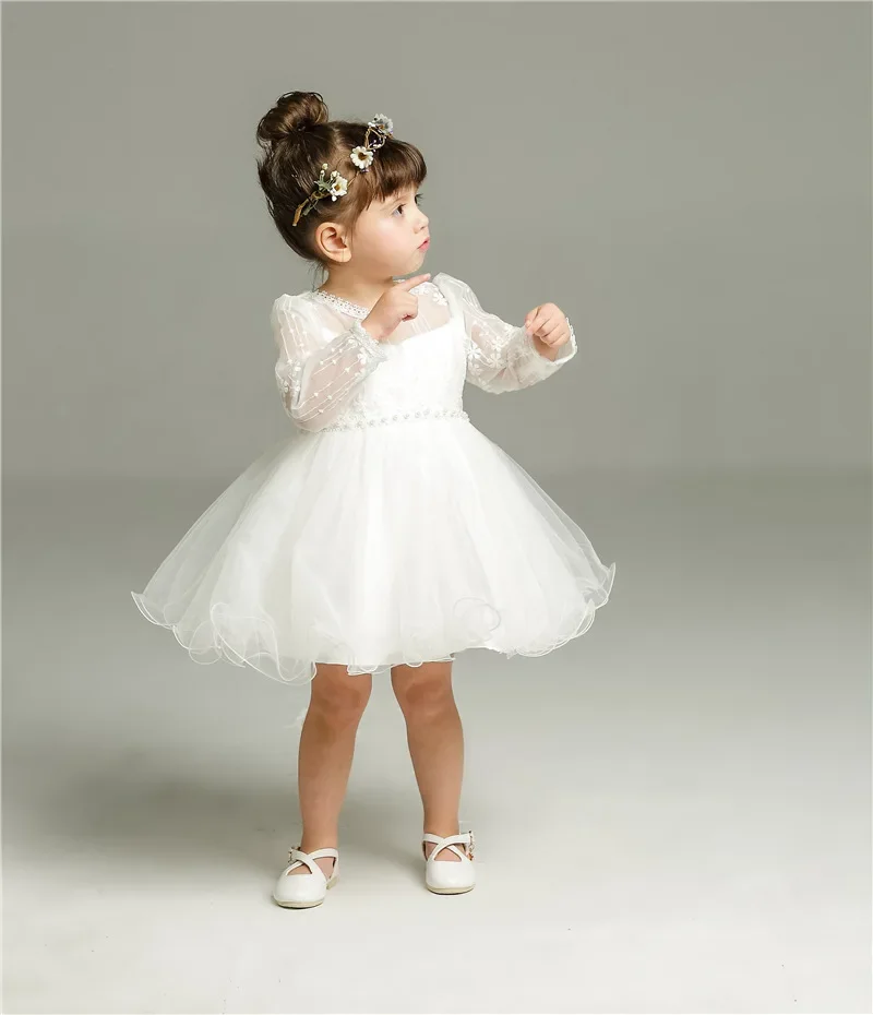 3,6,12,18,24 Months Long Sleeve Baby Girl Dress Infant Toddler Birthday Party Dress Little Girls White Wedding Dress Baptism