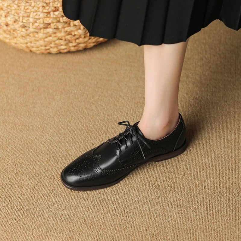 2023 Women Oxfords Spring/Autumn Shoes for Woman Genuine Leather Brogues Retro Lace up Loafers casual Handmade Black Girls shoes