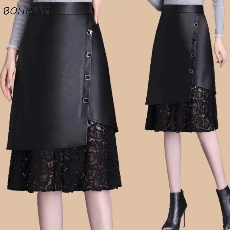 

Black PU Midi Skirts Women Elegant Lace Design Aesthetic High Waist Temper Office Lady All-match Irregular Faldas Sexy Mujer New