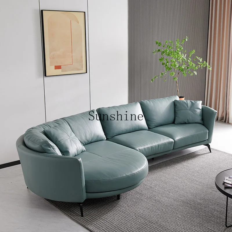 Italian light luxury leather sofa living room simple modern small apartment curved leather furniture