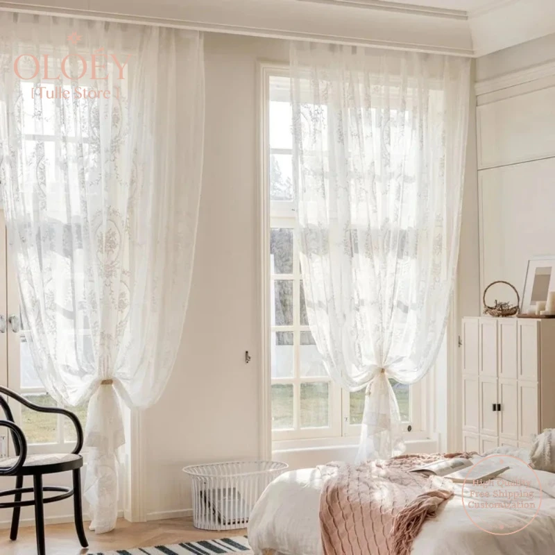 

White French Lace Rose Embroidery Tulle Luxury Sheer Curtains for Living Room Bedroom Dining Room Blackout Window Decor Drapes