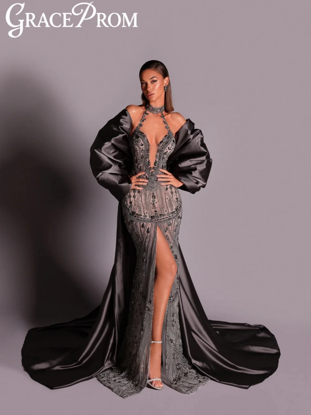 Grey Beaded Rhinestones Evening Dress Fashionable Halter High Slit Wedding Party Gown Customized Dreamy Illusion Prom Dresses