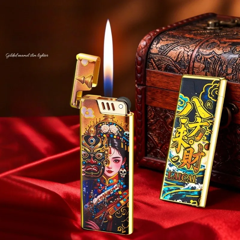 2026 Double Sided Gilded Enamel Painted Ultra Thin Grinding Wheel Open Flame Metal Compact and Exquisite Butane Gas Lighter