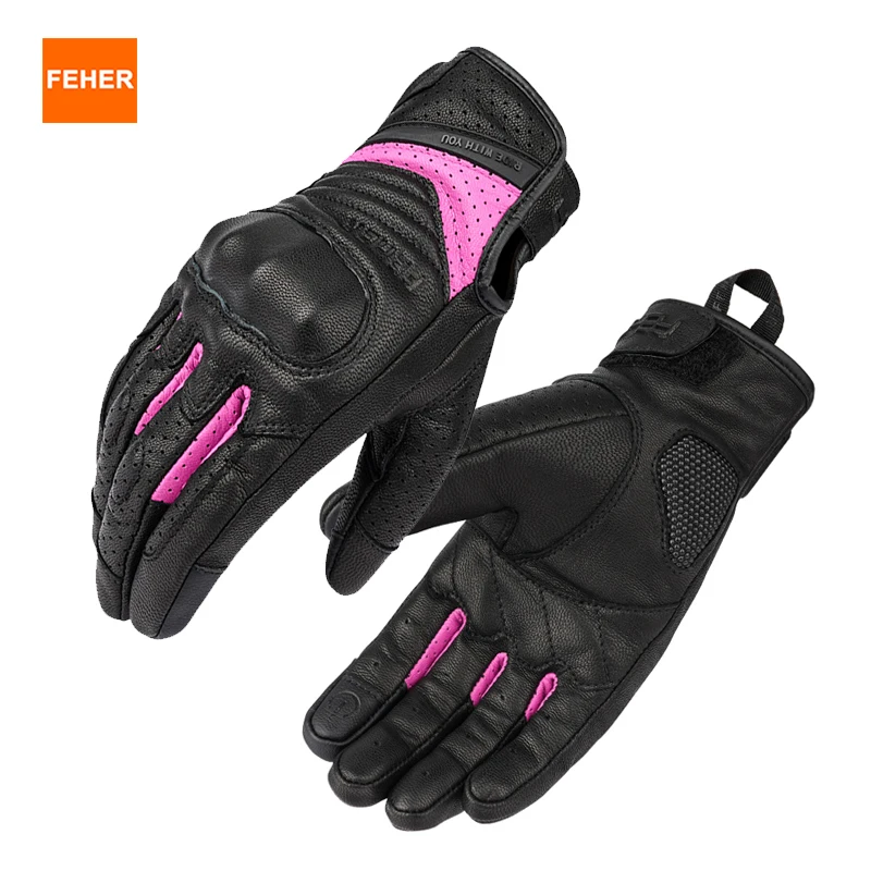 

Летние мотоциклетные перчатки FEHER для женщин, 100% натуральная кожа, вентилируемые и дышащие, износостойкие, с защитой от царапин, перчатки для мотоцикла