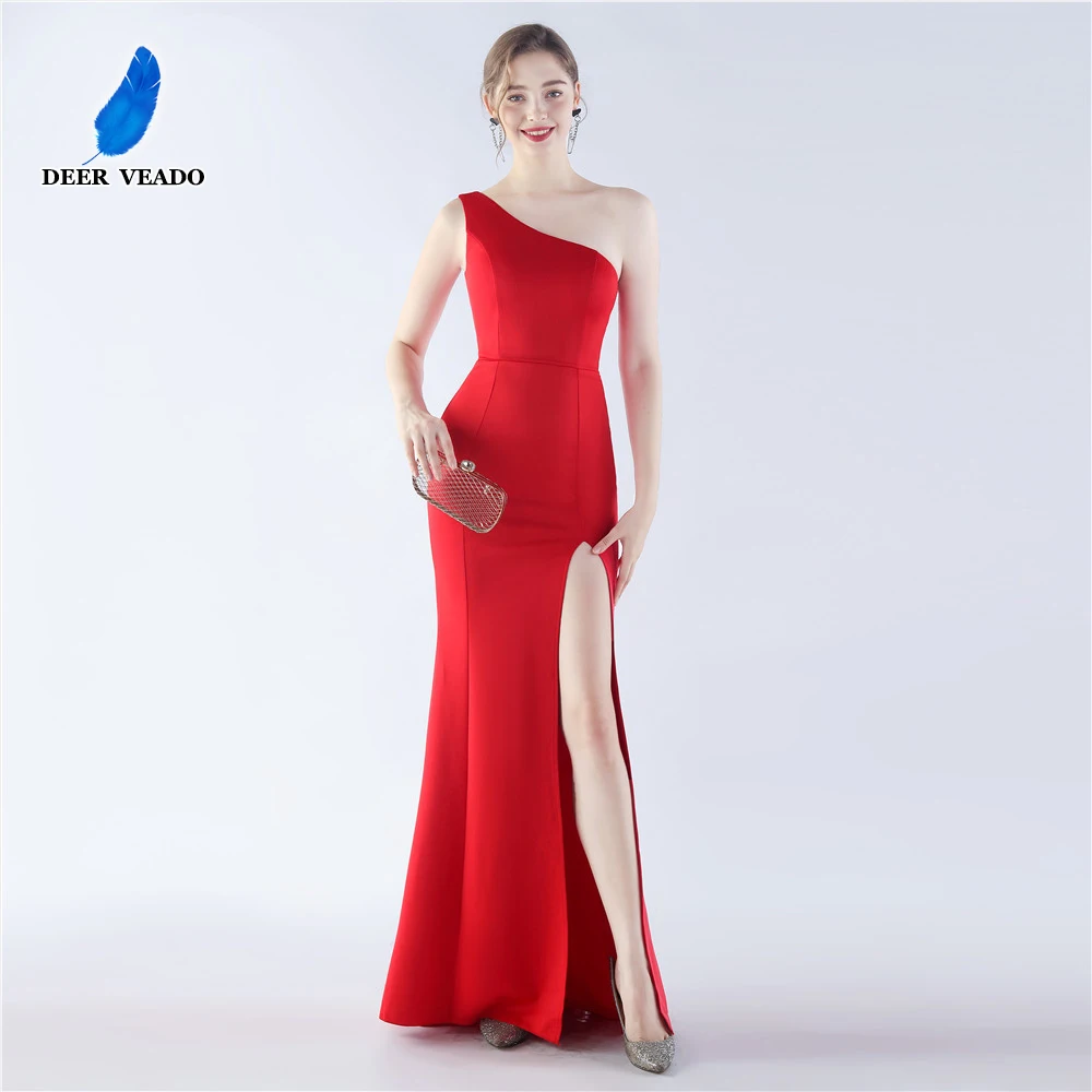 DEERVEADO Candy Color One Shoulder Evening Dress for Women Sexy Mermaid Slit Party Maxi Dress Soft Satin Formal Dress