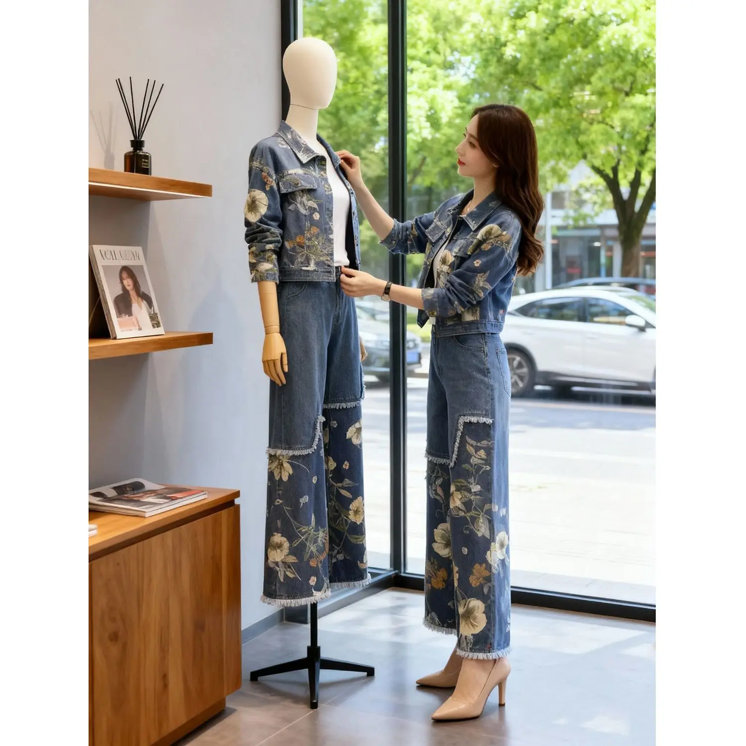 Vintage Casual Denim Blue Floral Print 2 Piece Set Women's Minimalist Ruched Wide Leg Pants Suits Trendy Office Commute Outfits