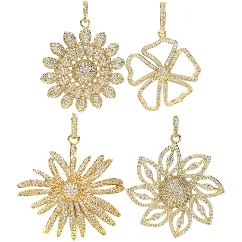 10Pcs Cubic Zirconia Big Pendant Sparkly Rhinestone Plant Flower Charms for Jewelry Making Necklace Accessories