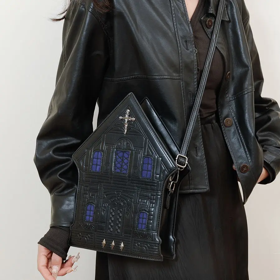 

New Halloween Creative Shoulder Bags Women Black Punk Rivet House Shaped Handbag Ladies Y2k Party Evening Box Crossbody Bag 2025
