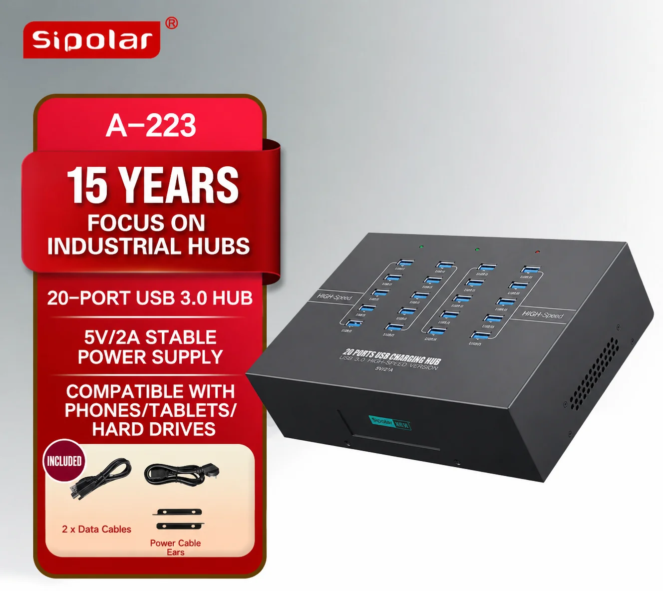 Sipolar A-223 Industrial 20 Port USB 3.0 Hub 5Gbps High Speed Data Box 20 Ports Powered USB Hub for Phone Farm Hard Drive Tablet