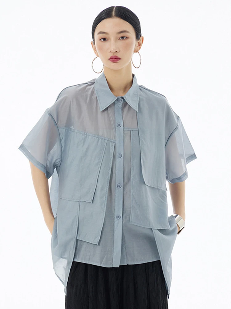 [EAM] Women Khaki Irregular Hem Big Size Thin Blouse New Lapel Short Sleeve Shirt Fashion Tide Spring Summer 2024 1DH6082