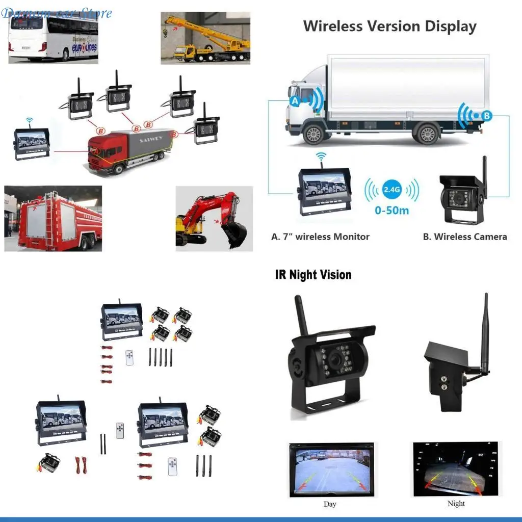 

A2UC Wireless 7 inch Car Monitor Screen Camera For Truck Bus RV Trailer Excavator Rearview Night-Vision 12V-24V Display