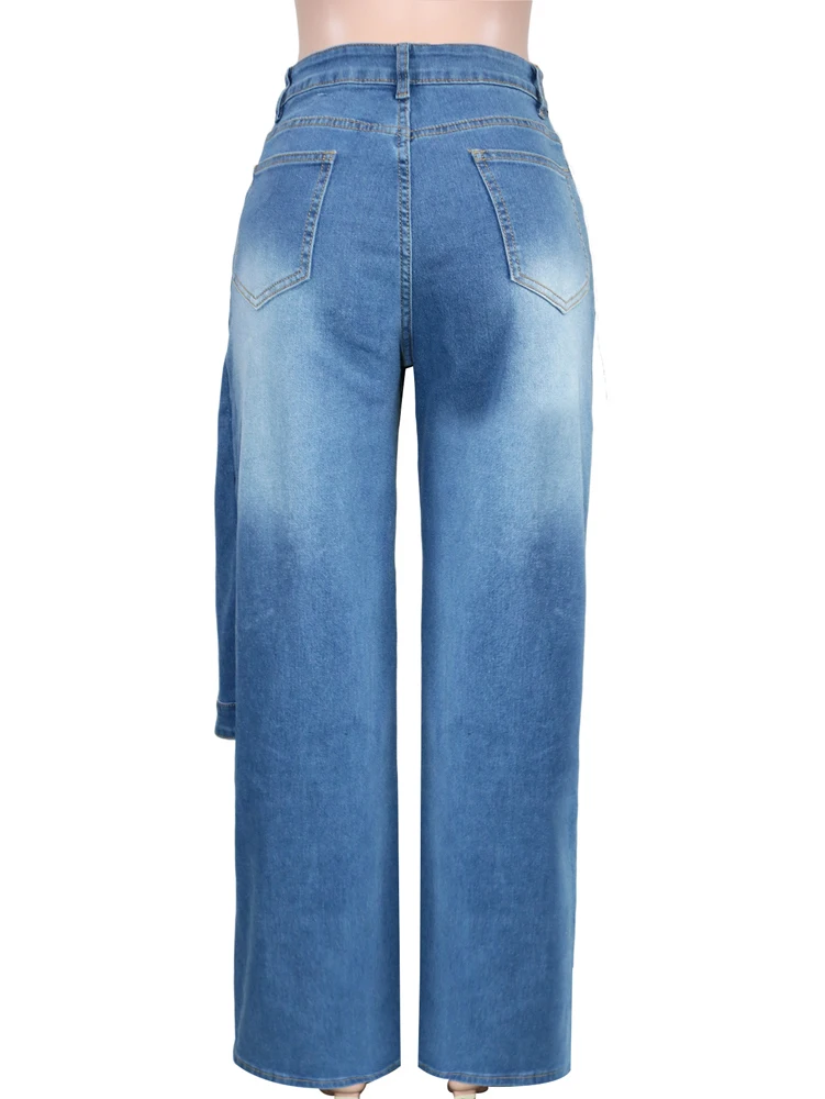 JENYAGE Damen Trendige Einzigartige Asymmetrische Wickel-Jeans mit Hoher Taille und Weitem Bein, Dekorative Riemen, Streetwear Baggy Hosen – Detail 10