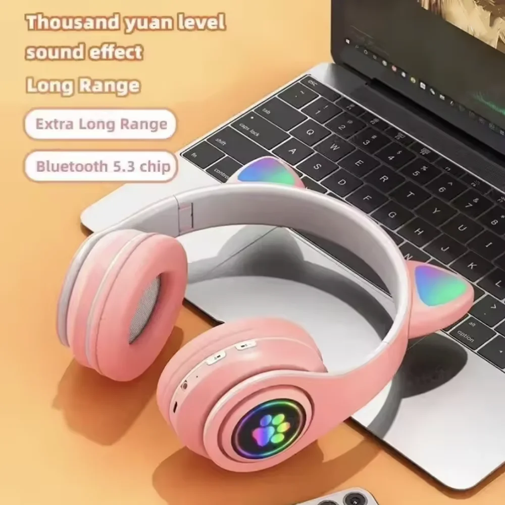 STN28 Cute Cat Ear Bluetooth Headset with LED Wireless Headset Children Girls Stereo Folding Sports Headset with Microphone image 5