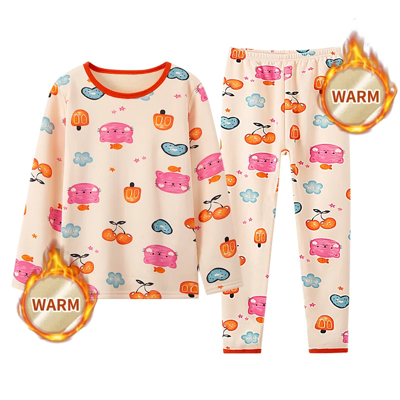 2 pieces of children's autumn and winter plus velvet warm fashion printed long-sleeved trousers suit boys and girls pajamas unde