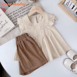 Bear Leader Korean Girls Suit 2023 Summer New Cute Pressed Pleated Tops Shorts Girls Suit Two-piece Girls Clothing Fashion Sets