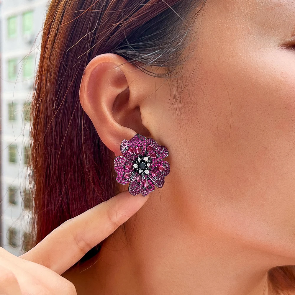 CWWZircons Luxury Shiny Fuchsia Red Cubic Zirconia Pave Big Chunky Statement Flower Drop Earrings for Women Party Wedding CZ758