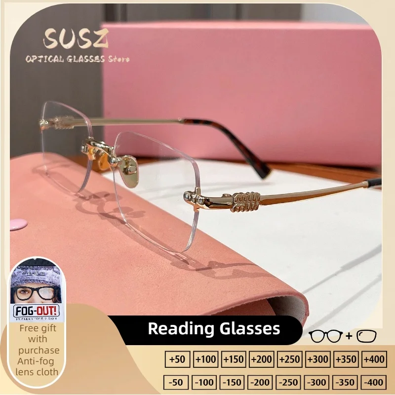 

SUSZ Metal Rimless Minimalist Cat Eye Reading Glasses Myopia Eyewear Hyperopia Anti Blue Ray Progressive Photochromic Eyewear