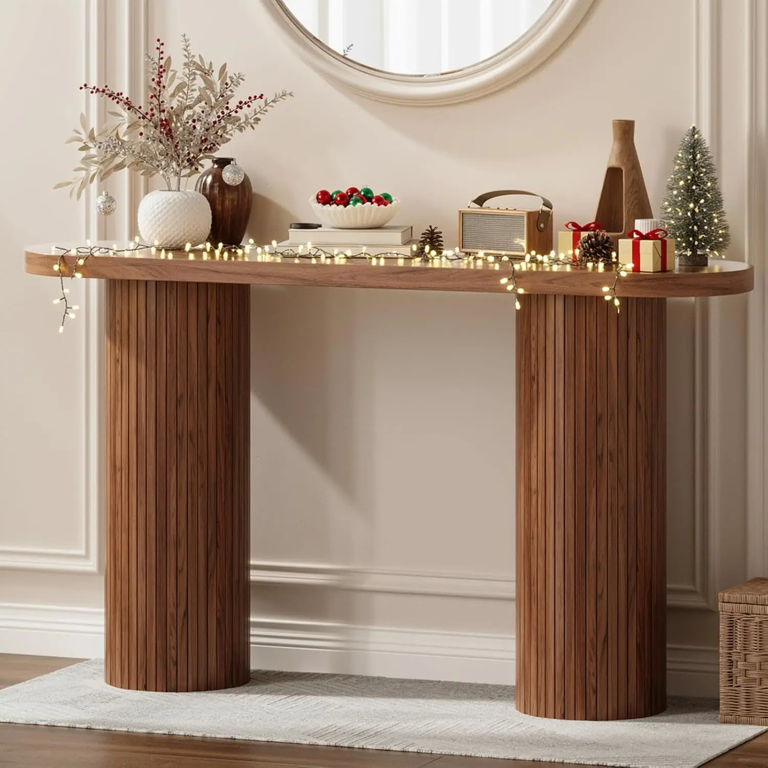 55 Inch Fluted Entryway Console Table Walnut Wood Long Hallway Sofa Table, Customized