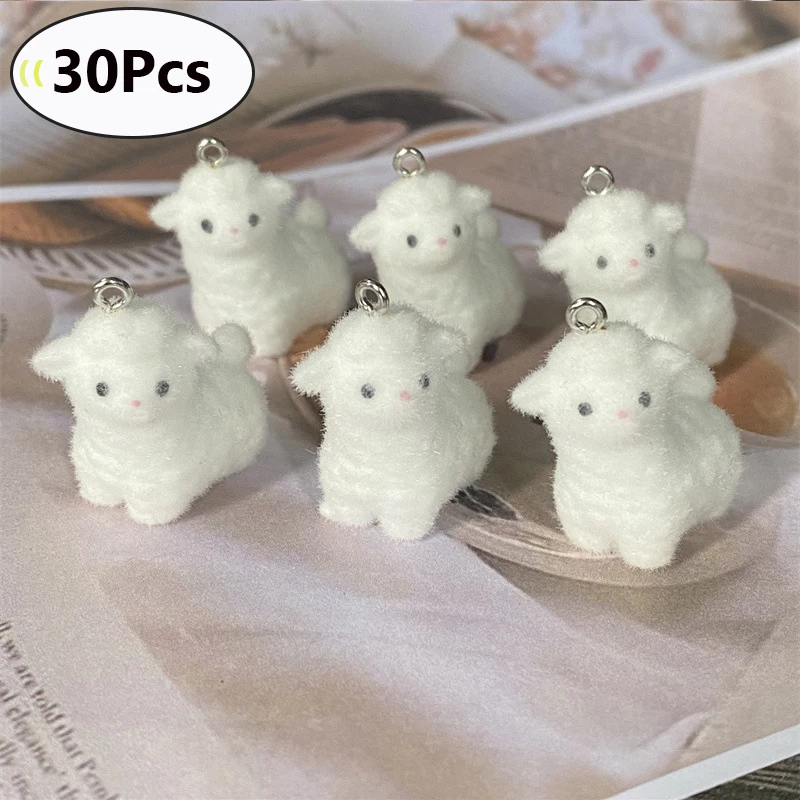 30Pcs Fluffy Flocked 3D Animals Resin Charms Bulk Wholesale Kawaii Cartoon Small Sheep Pendants for Keychains DIY Jewelry Make