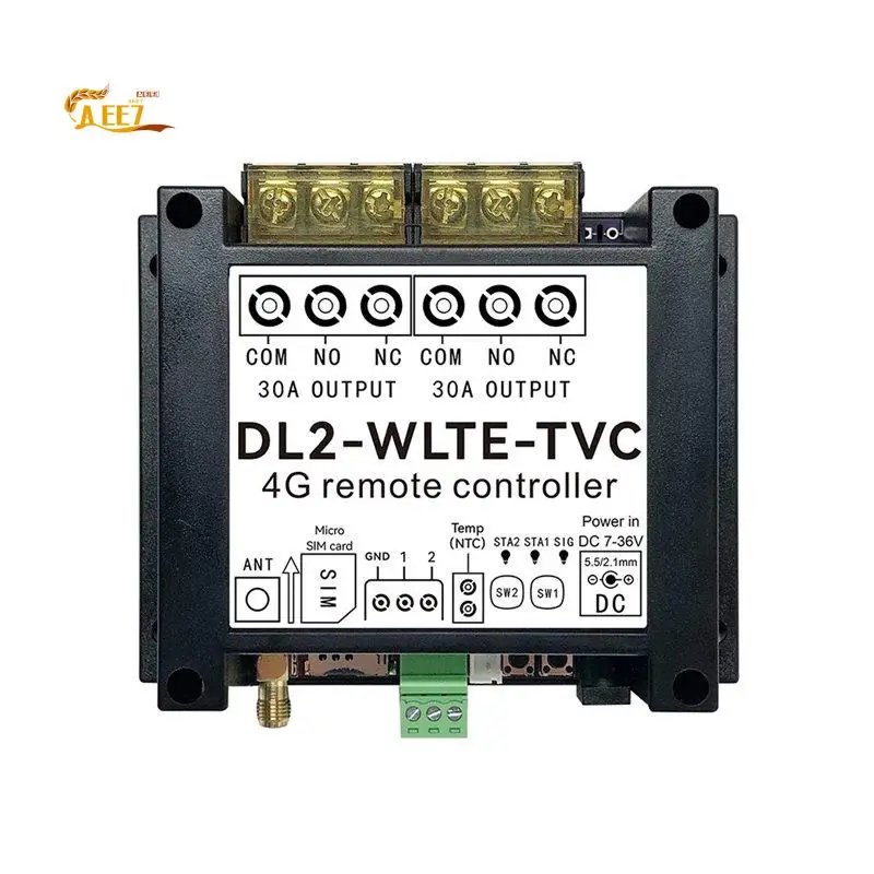 

AEE7-GSM 4G SMS APP Удаленный контроллер-реле DL2-WLTE 30A с 2 каналами релейного выхода, датчиком температуры и входом DI для сигнализации